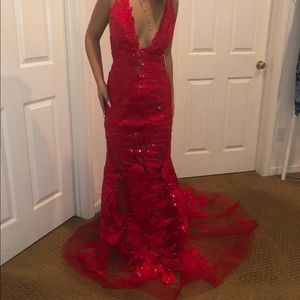 JOVANI Red Lace Prom Dress